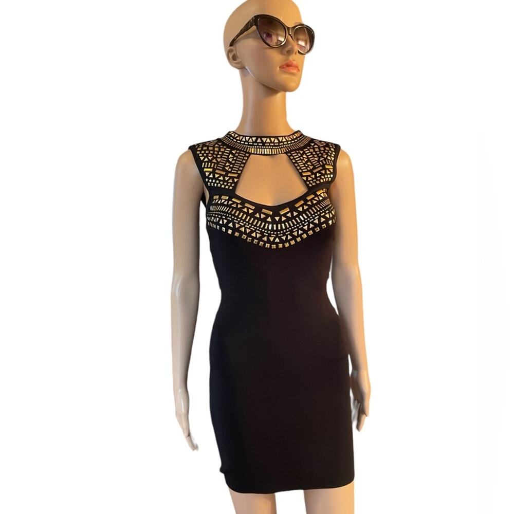BEBE Bodycon Midi DRESS Womens XS Black Beaded Petite Backless Stretch